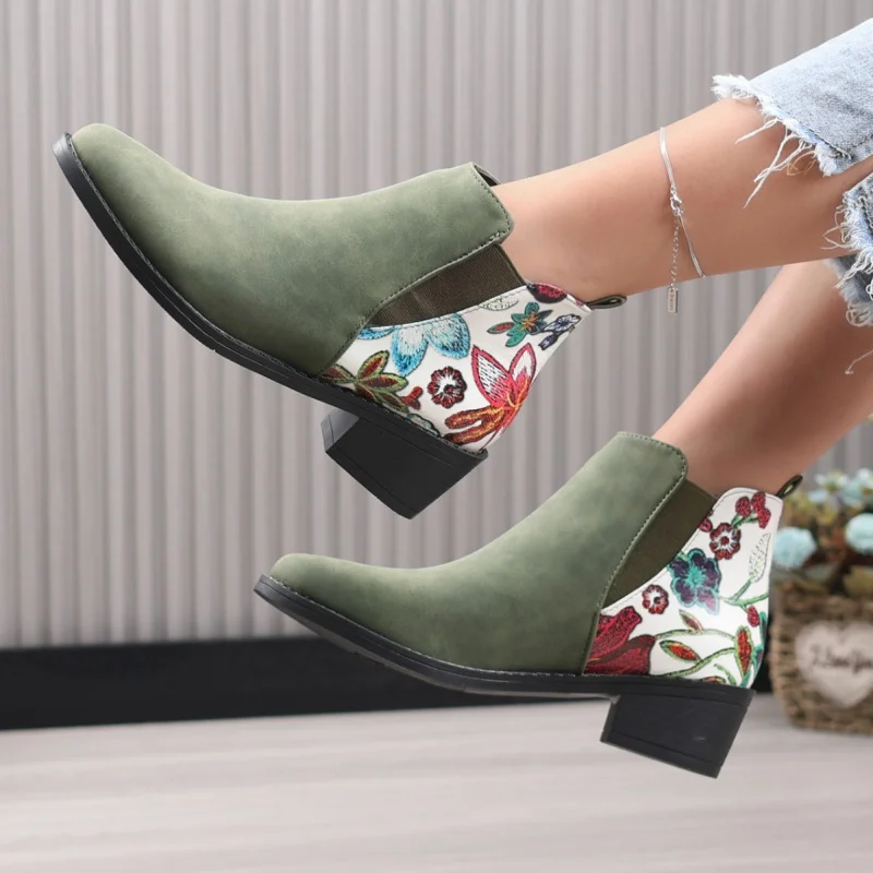 

2025 Fall Winter New Printed Ankle Boots for Women Pointed Toe Chunky Heel Elastic Gusset Slip On Leather Booties