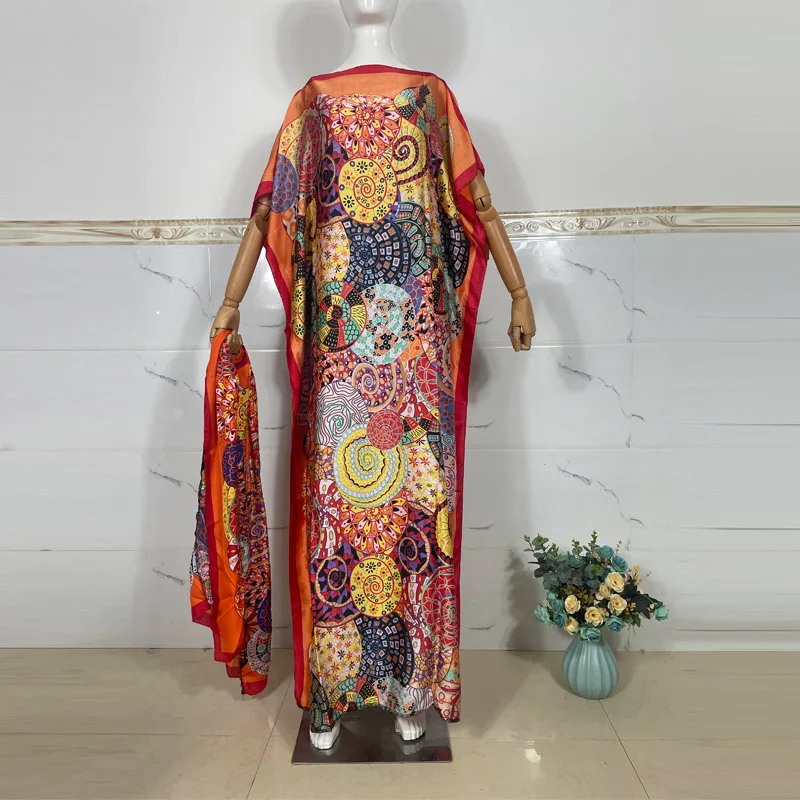 2023 silk kaftan Rayon Oversize African Women Clothing Dubai Dashiki Abaya Free Size Print Design With Scarf Loose Long Dress