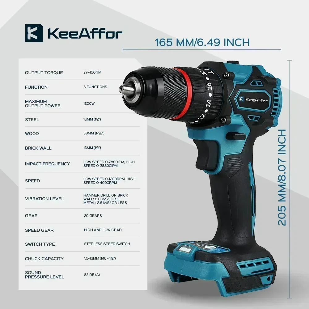 KEEAFFOR 1200W 450NM Brushless 20Gears Electric Torque Impact Drill Electric Screwdriver Cordless Tools For Makita 18v Battery