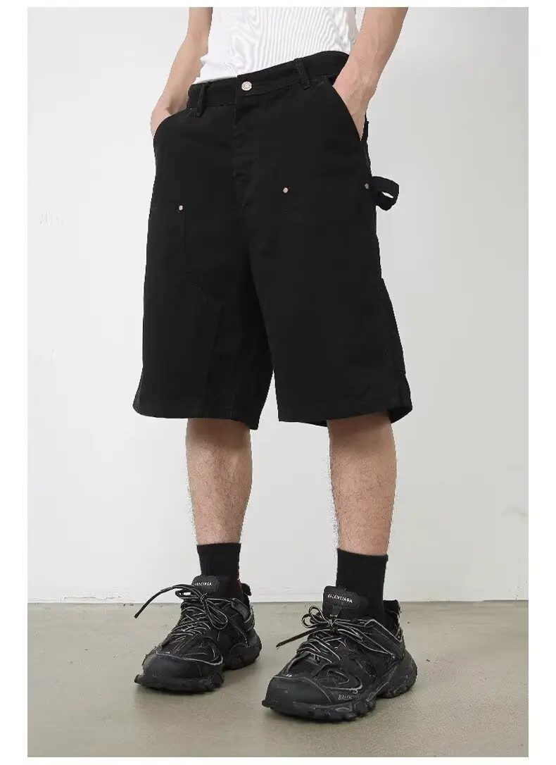 Men's Pure Cotton Denim Cargo Shorts Knee Length Loose Fit Multi Pocket Japanese Style Summer Casual Jeans Shorts for Men