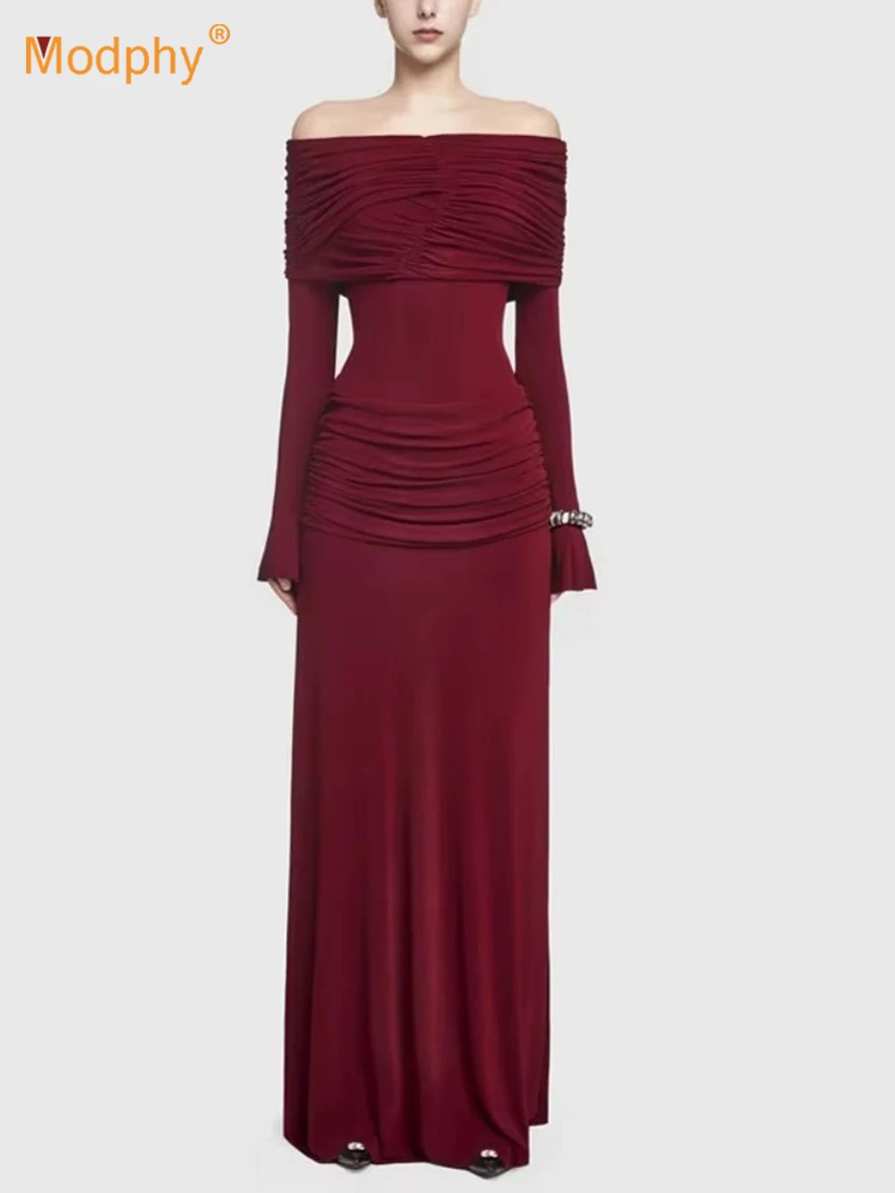 

Modphy Sexy Off The Shoulder Folds Long Sleeve Slim Maxi Dress Women Slash Neck Long Dresses Elegant Evening Party Gowns