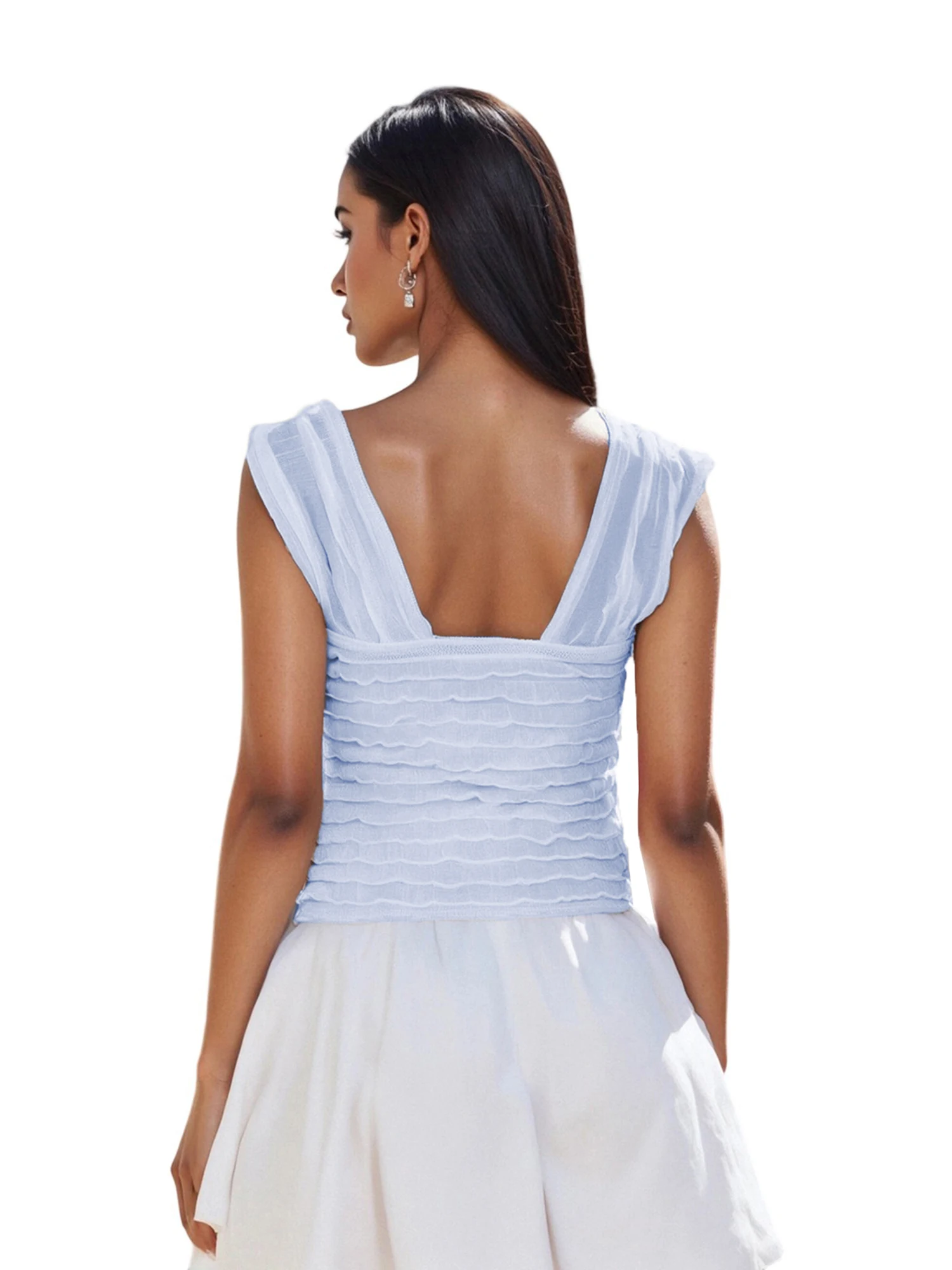 بلوزة نسائية بدون أكمام أنيقة ذات ثنيات وكشكشة مناسبة بلون سادة وأكمام قصيرة تي شيرت أنيق