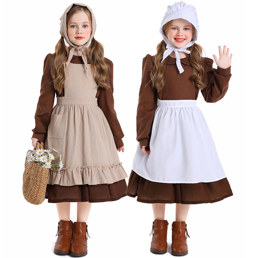 2-16Y Toddler Child Tween Teens Girls America Colonial Pioneer Pilgrim Girl Costume Brown Thanksgiving Day Fancy Dress Umorden