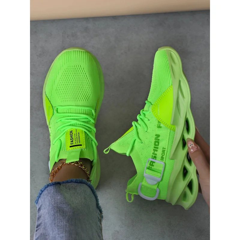 

Fluorescent Green Mesh Running Sneakers Blade Cushion Non Slip Light Casual Sports Jogging Walking Shoes