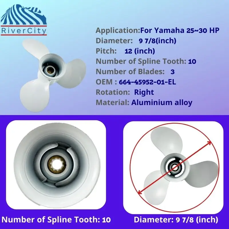 Hélice fueraborda para Yamaha 20hp 25hp 30hp F25 9 7/8*12 tornillo de aleación de aluminio para barco 3 aspas 10 motor marino estriado