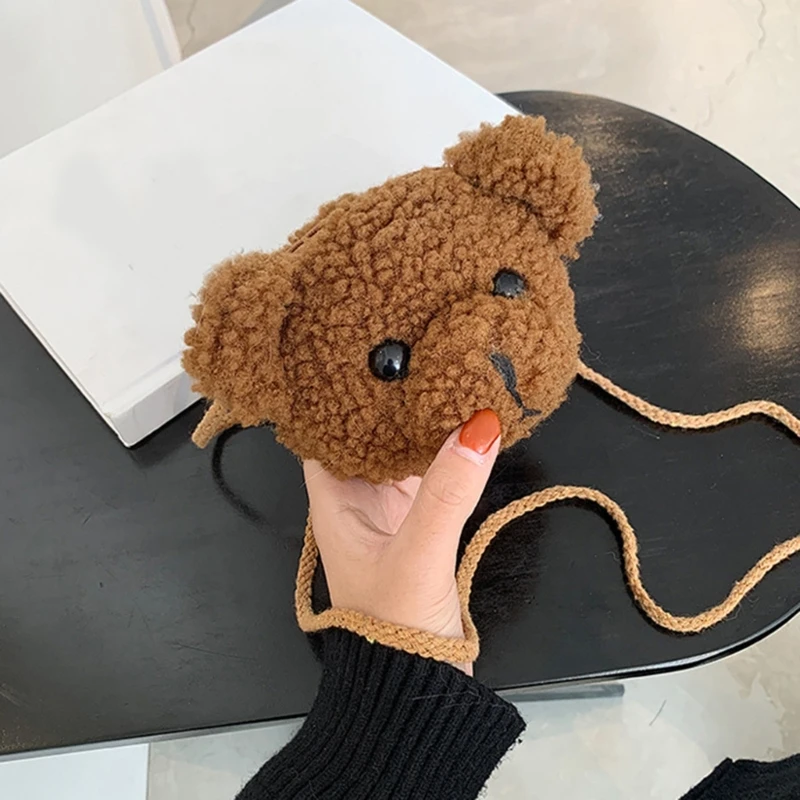 Cute White Brown Plush Bear Head Zipper Purse Small Size Women Messenger Bag Single-Shoulder Bag for Teenager Girl Birthday Gift