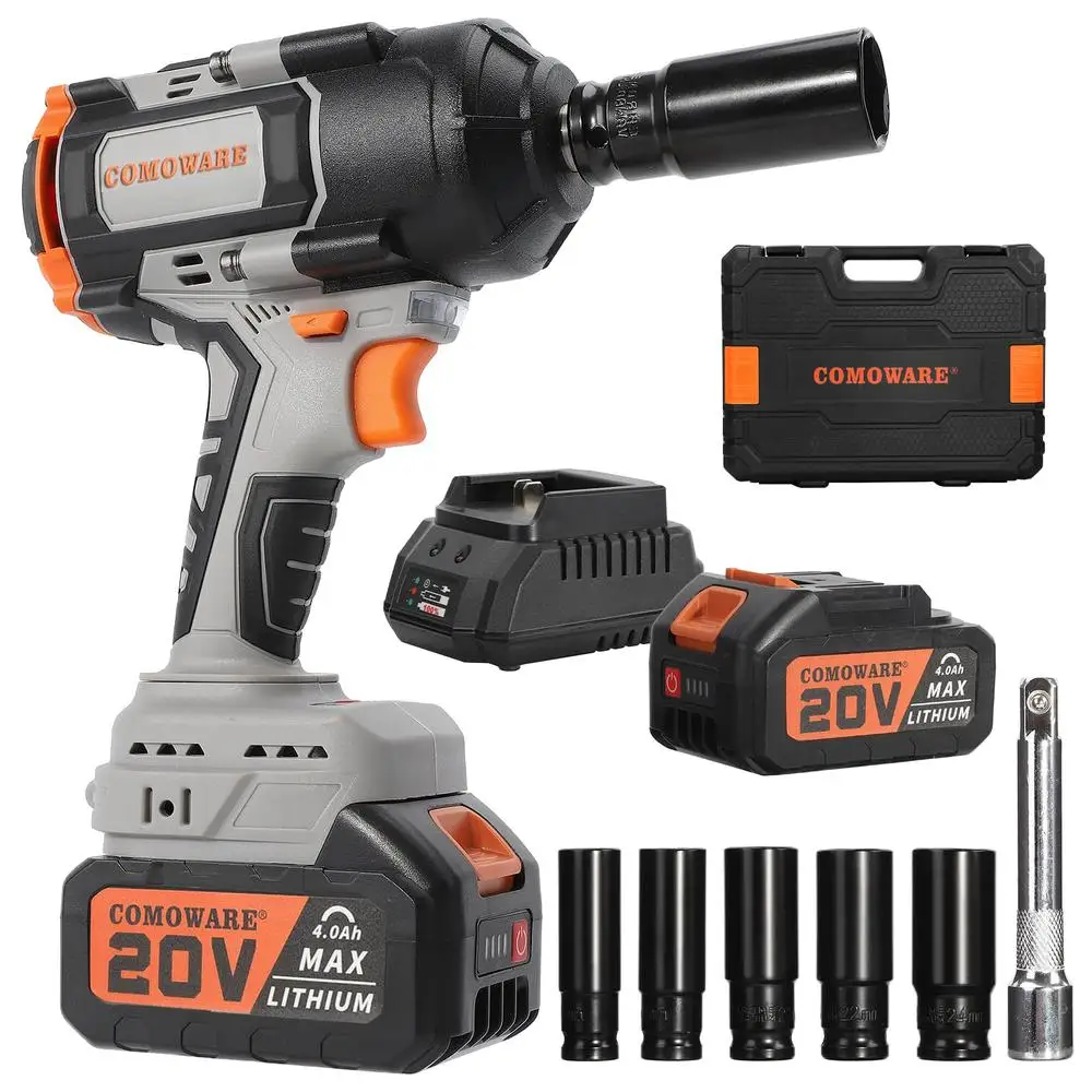 Cordless Impact Wrench 20V 1000N.m High Torque Brushless Motor 2x4.0Ah Battery LED Light Dual Speed 1/2 Inch Automotive Tool Kit