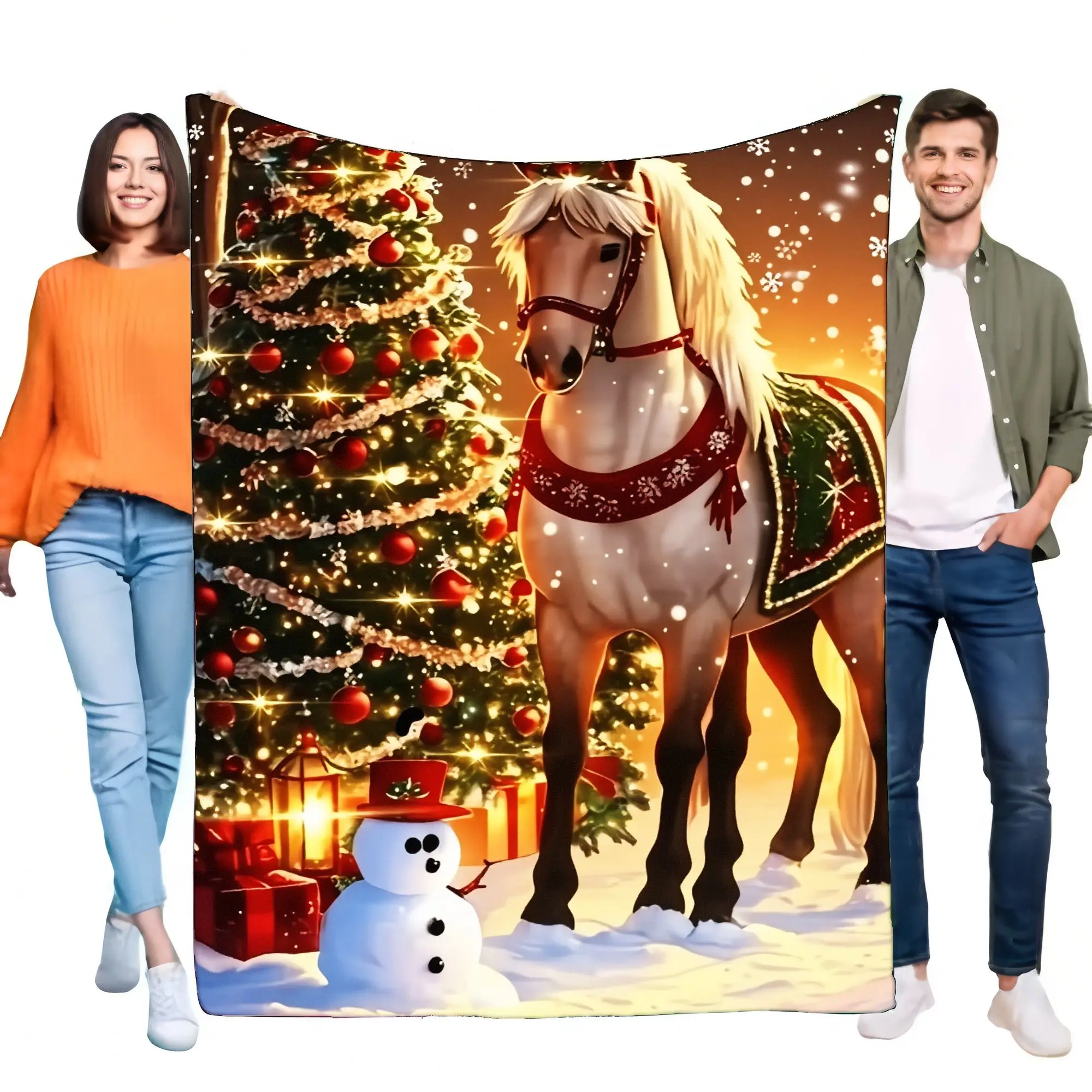 Pferde- und Weihnachtsbaumdecke, weicher und gemütlicher Fleece-Überwurf, perfekt für Winterdekoration und Weihnachtsgeschenk für Kinder und Erwachsene, ideal