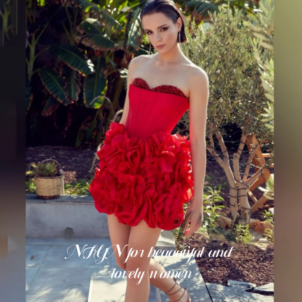 

NFYN Red Elegant Formal Gown Satin Flower Type Prom Dresses Sequins Pleated Mini Skirt Evening Dresses حزب فساتين Customized