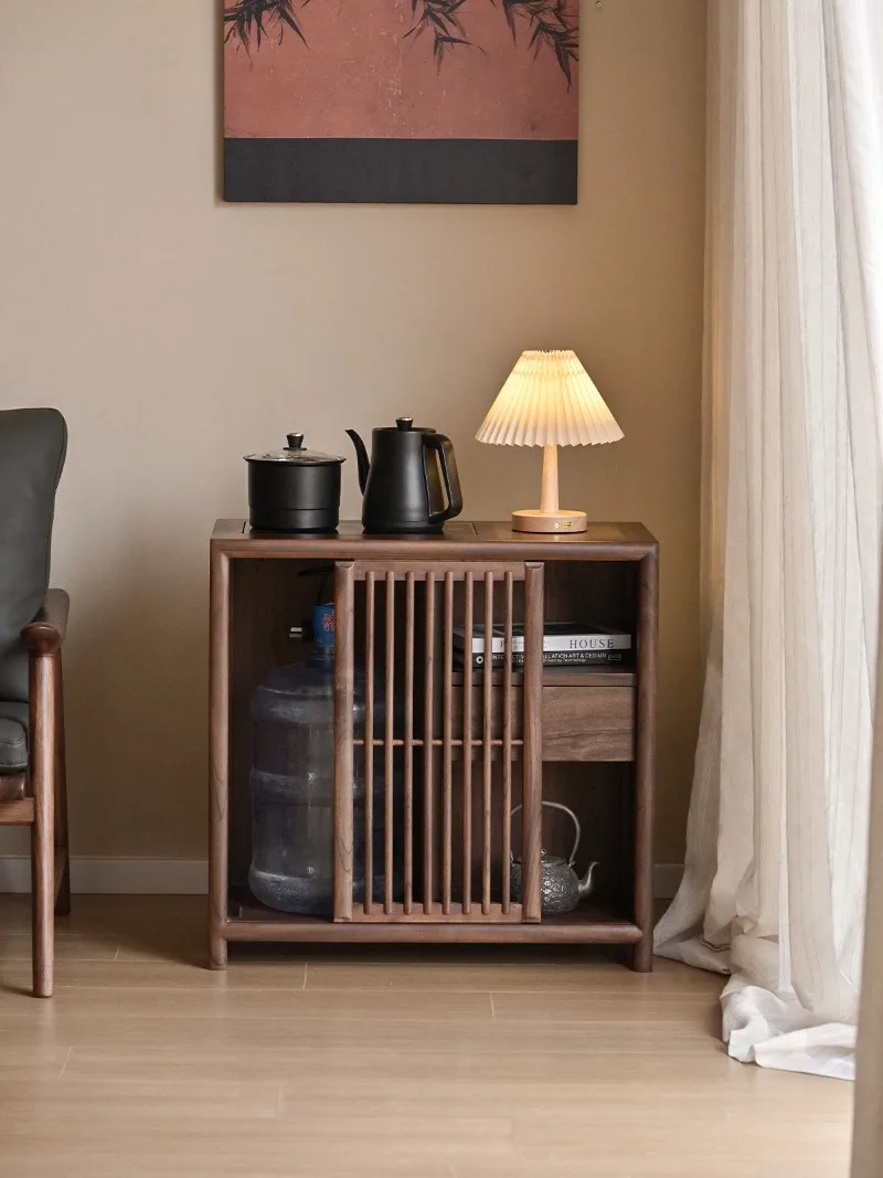 New Chinese-style solid wood tea table, side tea cabinet, living room against the wall, kettle integrated, black walnut sofa