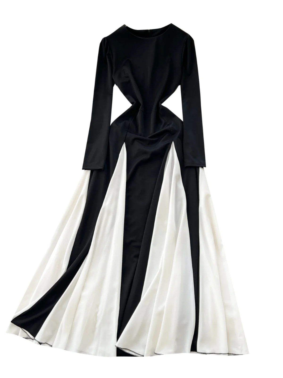Ele Dames Lange Sve Dr Color Blo Hoge Taille A-lijn Rok Bla Wit Contrast Geplooide Zoom Woon-werkverkeer Koreaanse Sle