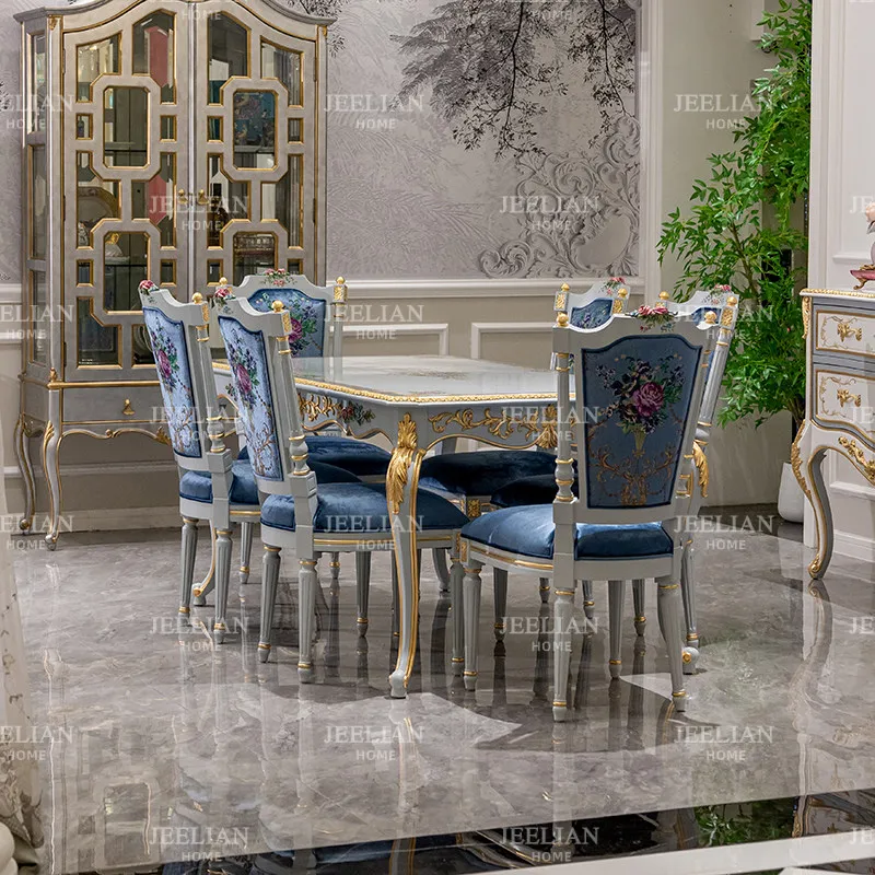 Living room solid wood carved dining table and chairs combination villa French romantic hand-painted flower long dining table