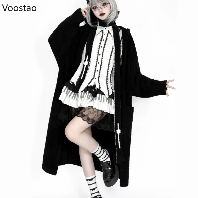 Y2k Esthetiek Lolita Stijl Lang Gebreid Vest Vrouwen Gothic Grunge Punk Capuchon Trui Jas Vrouwelijke Streetwear Truien Tops