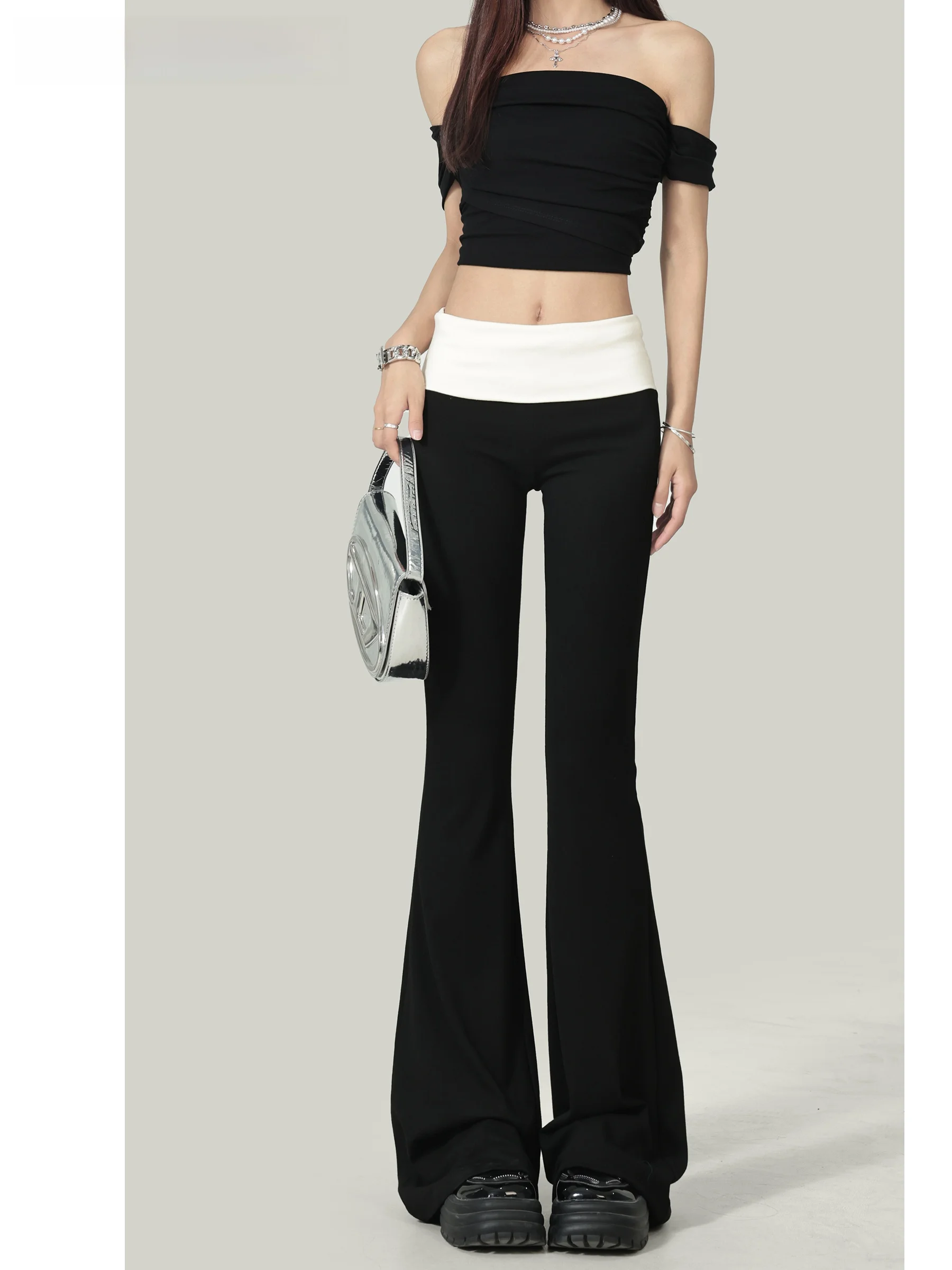 

Low-Waist Flared Yoga Pants American Style Color Block Elastic Slimming Capri Pants Casual Pants for Women Spring Autumn