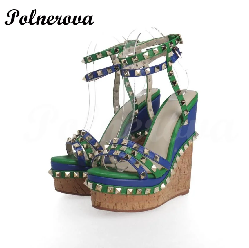 Women Bling Gold Rivets Wedge Sandals Mixed Color Green Blue Espadarille Buckle Strap Brand Design Shoes Gladiator Summer Shoes