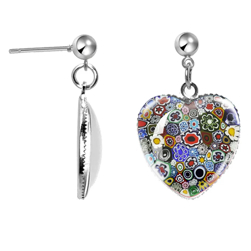 Murano Millefiori Earrings Multi Colour Flower Glass Cabochon Heart Earrings Jewelry For Women Girls Gift Wholesale