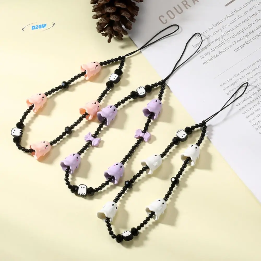 

Acrylic Ghost Mobile Phone Chain Anti-Lost Bowknot Cartoon Pumpkin Phone Strap Pearl Beads Black Ghosts Cellphone Lanyard
