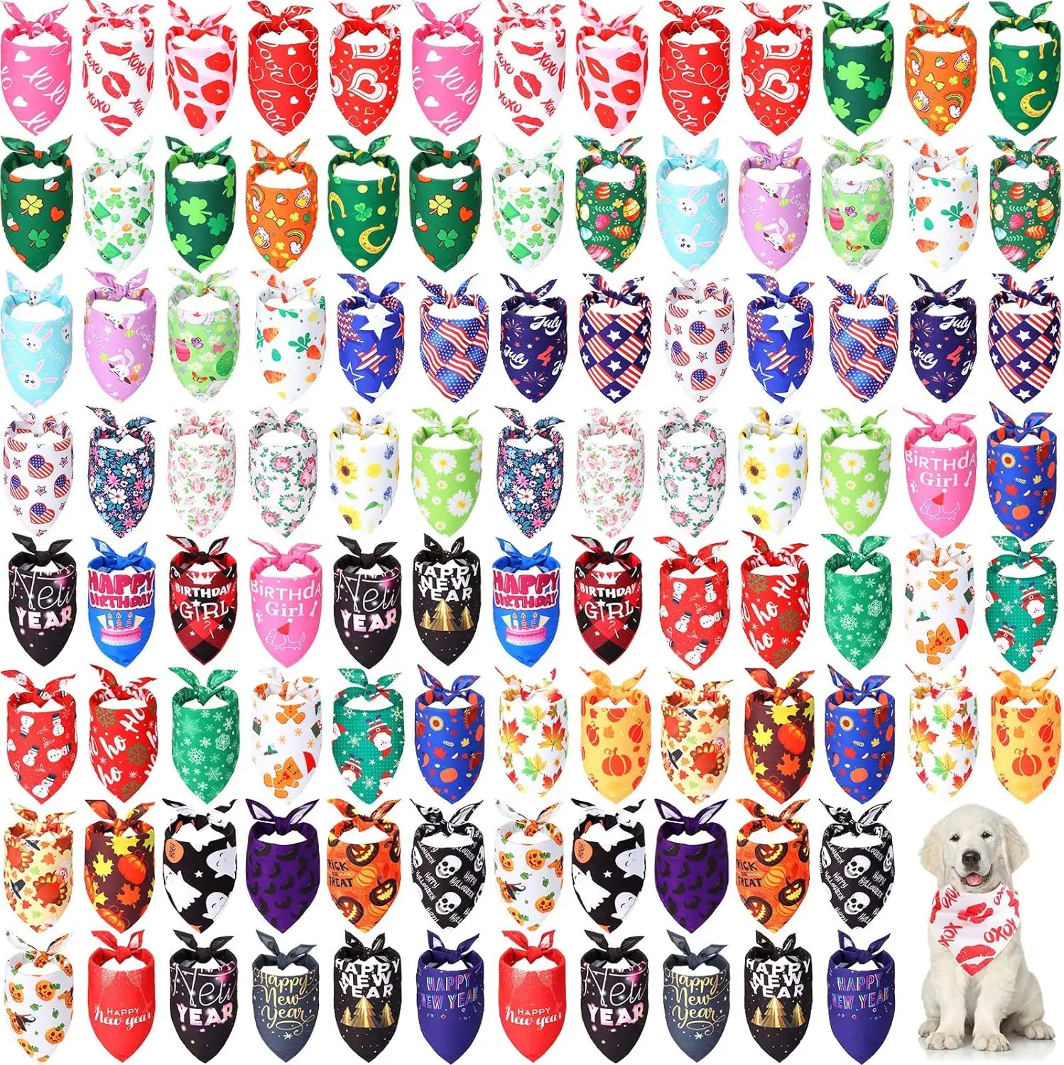 

100 Pcs Holiday Dogs Bandanas Bulk Valentine Dog Bandanas for Dogs Easter Xmas Mix Pet Bibs Flower dog Scarf Costume for DogsCat