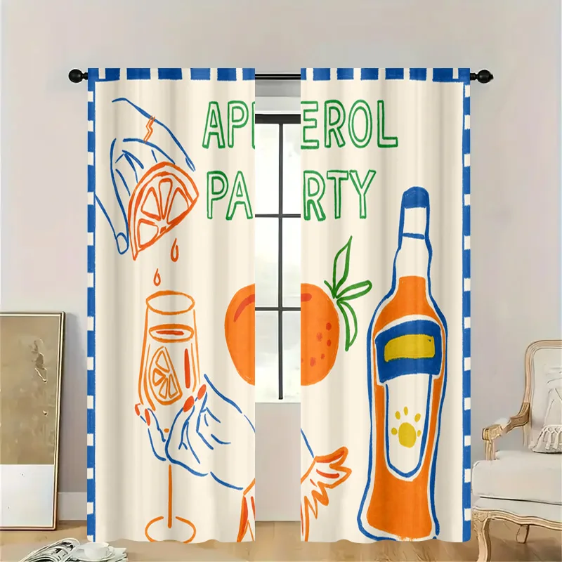 Stylish Aperol Spritz Party Cocktail Window Curtains Semi Sheer Bohemian Beach Summer Drink Decor Room Divider