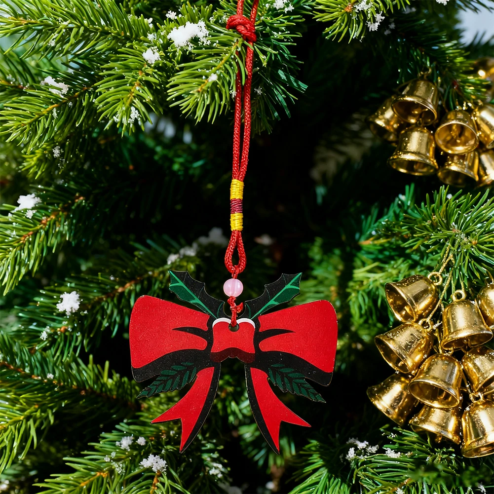 8cm Festive Red Bow Shape Wooden Pendant Cute Style Garden Home Furnishings Christmas Tree Holiday Gathering Hanging Ornament