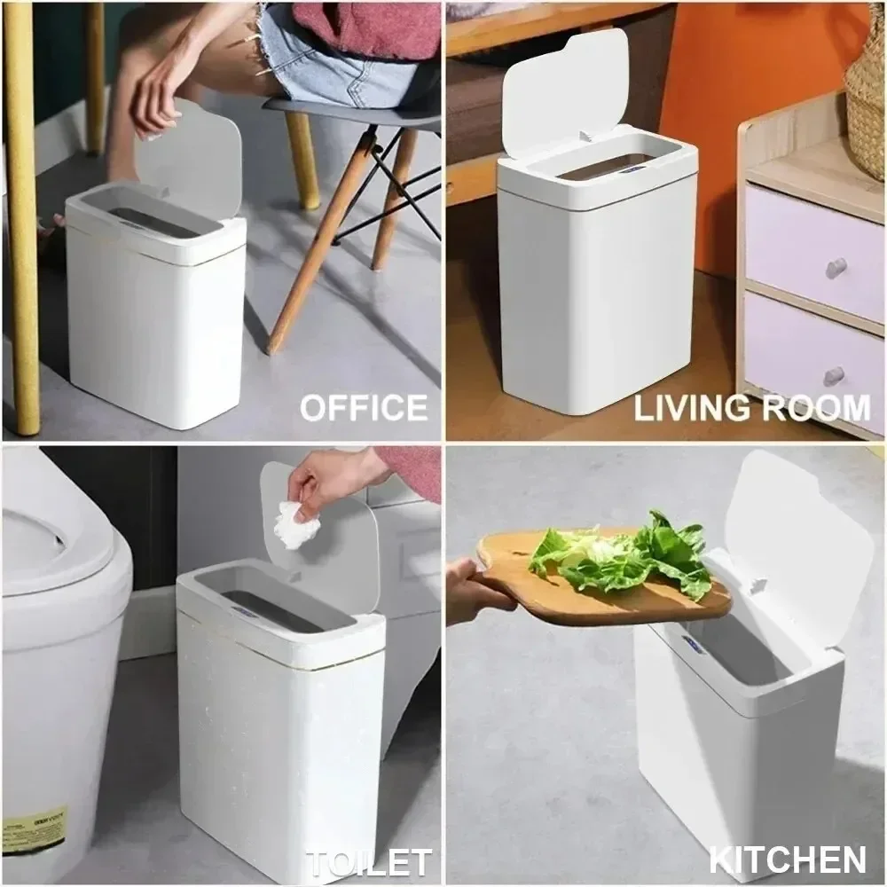 Smart Bathroom Trash Can Automatic Bagging Electronic Trash Can White Touchless Narrow Smart Sensor Garbage Bin Smart Home 15L