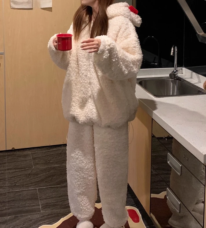 كبيرة الحجم الشتاء النساء سميكة مقنعين المرجان بيجامة من الصوف مجموعة 2025 جديد الحلو فضفاض الدافئة الحد من العمر مريحة المتسكعون #6