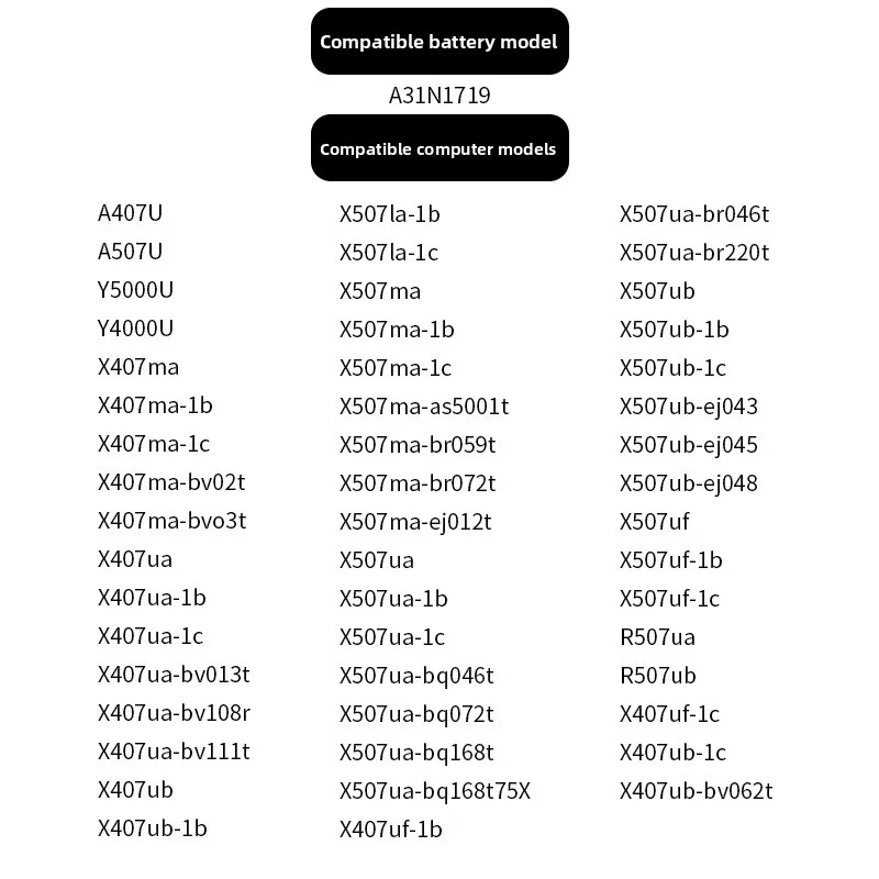 10.8V 3070mAh 3 Cells Compatible Laptop Battery for ASUS A31N1719 Y4000U/Y5000U A407U/A507U X407UA