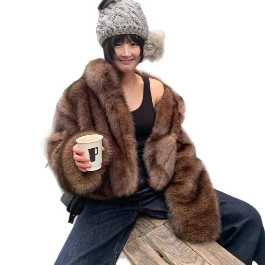 Moda feminina inverno casaco de pele de vison gradiente gola curta imitação de pele outwear elegante solto senhora eco pele jaqueta