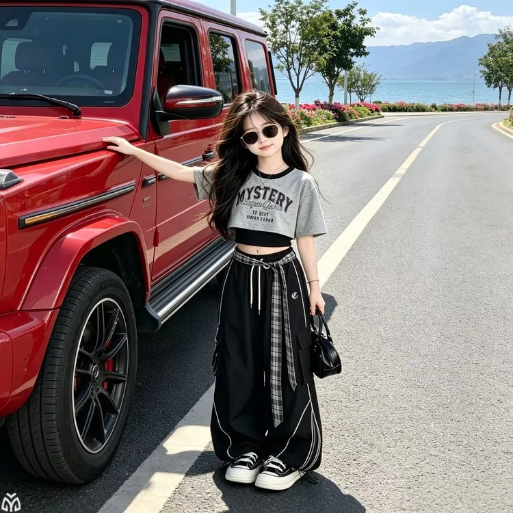 Summer Chic Teen Girls Sport Pants Set Kids Cotton Vest T-shirt Junior Child Casual Clothes Outfits Top Wide-leg Pants Suit