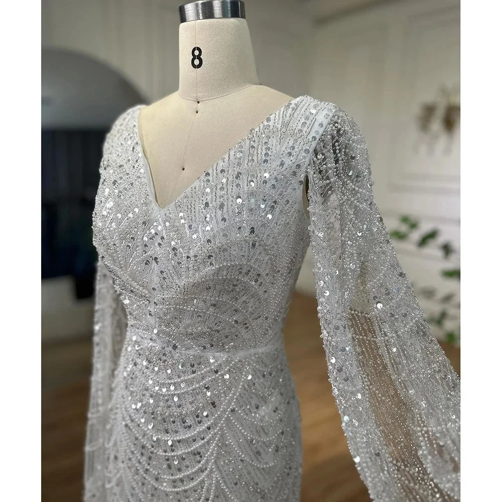 BRLMALL Beaded Bride Dress With Long Cape Sleeves, Elegant V Neck Mermaid Wedding Dresses, Mermaid Bridal Gown With Crystals