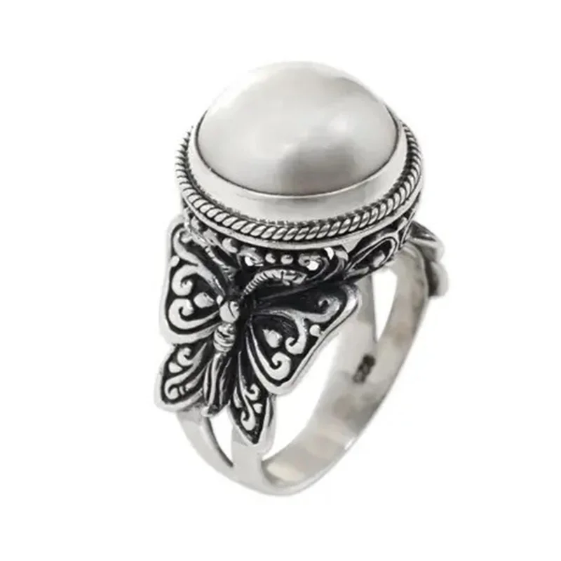 

Vintagae Oval Pearl Ring for Women Butterfly Shape Retro Antique Silver Rings Elegant Fine Jewelry Engagement Anniversary Gift