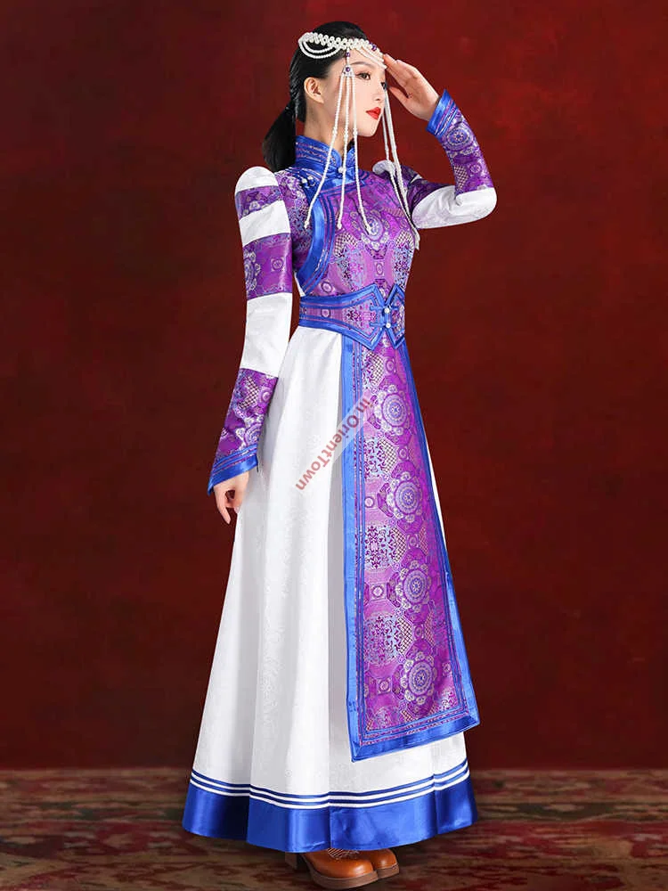 หญิงมองโกเลีย Robe ชุดสีม่วงมองโกเลียใน Ethnic Minority เต้นรําเครื่องแต่งกายสาวการถ่ายภาพมารยาทงานแต่งงาน Bridesmaids