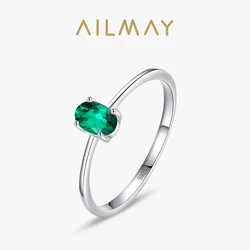Ailmay 100% 925 Sterling Silver Minimalism Oval Shining Green CZ Finger Ring For Women Wedding Statement Engagement Jewelry Gift