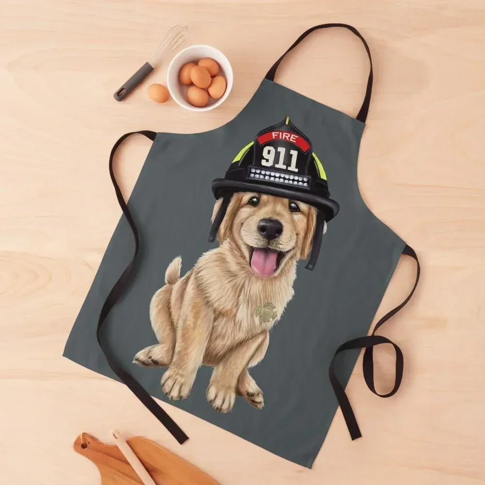 Golden Retriever puppy in a firefighter hat Apron beauty master Kitchen Items For Home Chef jacket men Kitchen For Women Apron