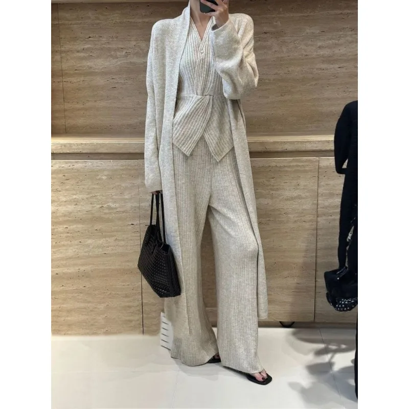 

Pit Strip Knitted V-Neck Vest Medium and Long Sweater Cardigan Women's High Waist Skinny Casual Pants Three-piece Set
