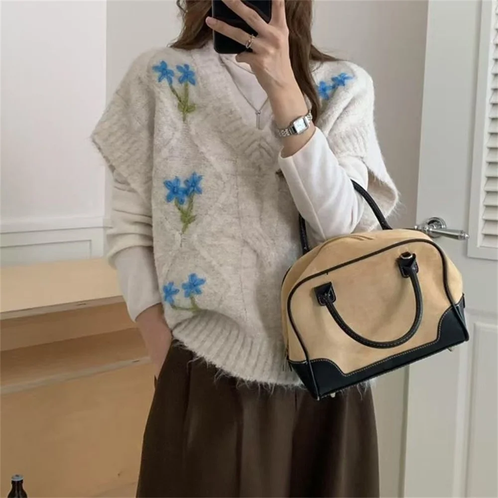 Women Y2K Fuzzy Knitted Vest Sleeveless V Neck 3D Blue Flower Embroidery Sweater Vest Casual Loose Vintage Waistcoat Fall Winter