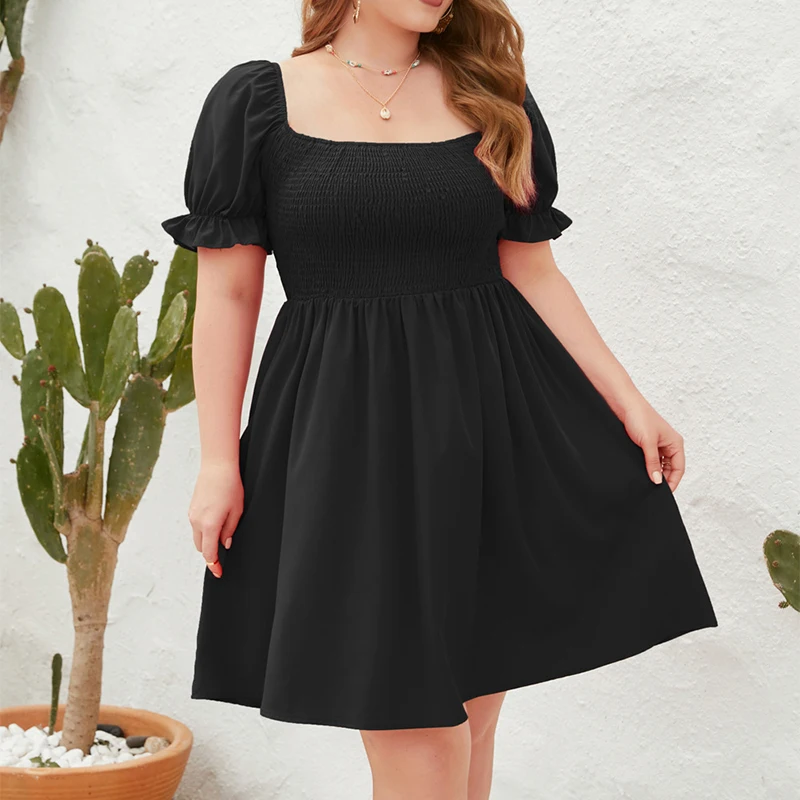 فستان نسائي صيفي قصير مقاس كبير، مقاسات كبيرة، فستان صيفي مثير بياقة مربعة للشاطئ، فساتين كاجوال بأكمام قصيرة منتفخة للعطلات