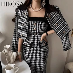 2024 Fall Autumn Houndstooth Dresses Slim Wasit Exquisite Button Sling Off Shoulder Square Neck Robe Korean Chic Midi Vestidos