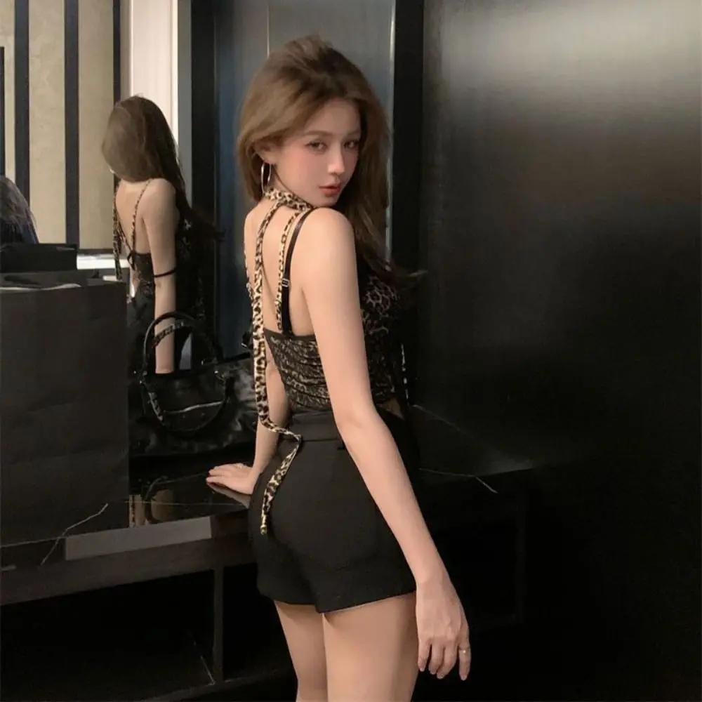 Spicy Girl Style Transparent Leopard Camisole Sleeveless Tank Slim Crop Tops Lace Sweet Suspender Vest with Pads Ladies
