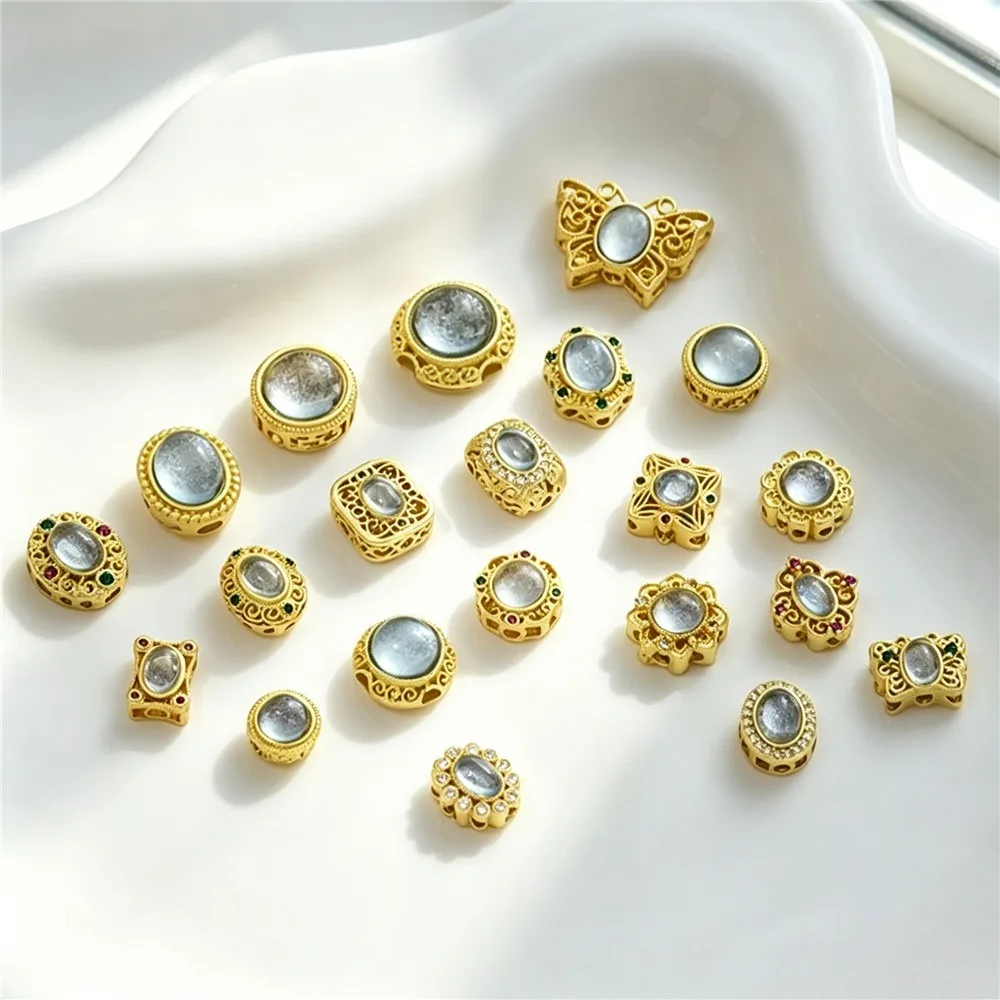 18K Matte Gold Brass Plated Multi-Hole Spacer Beads Inlaid Sea Blue Starry Imitation Cat Eye Stone DIY Pearl Jewelry Findings