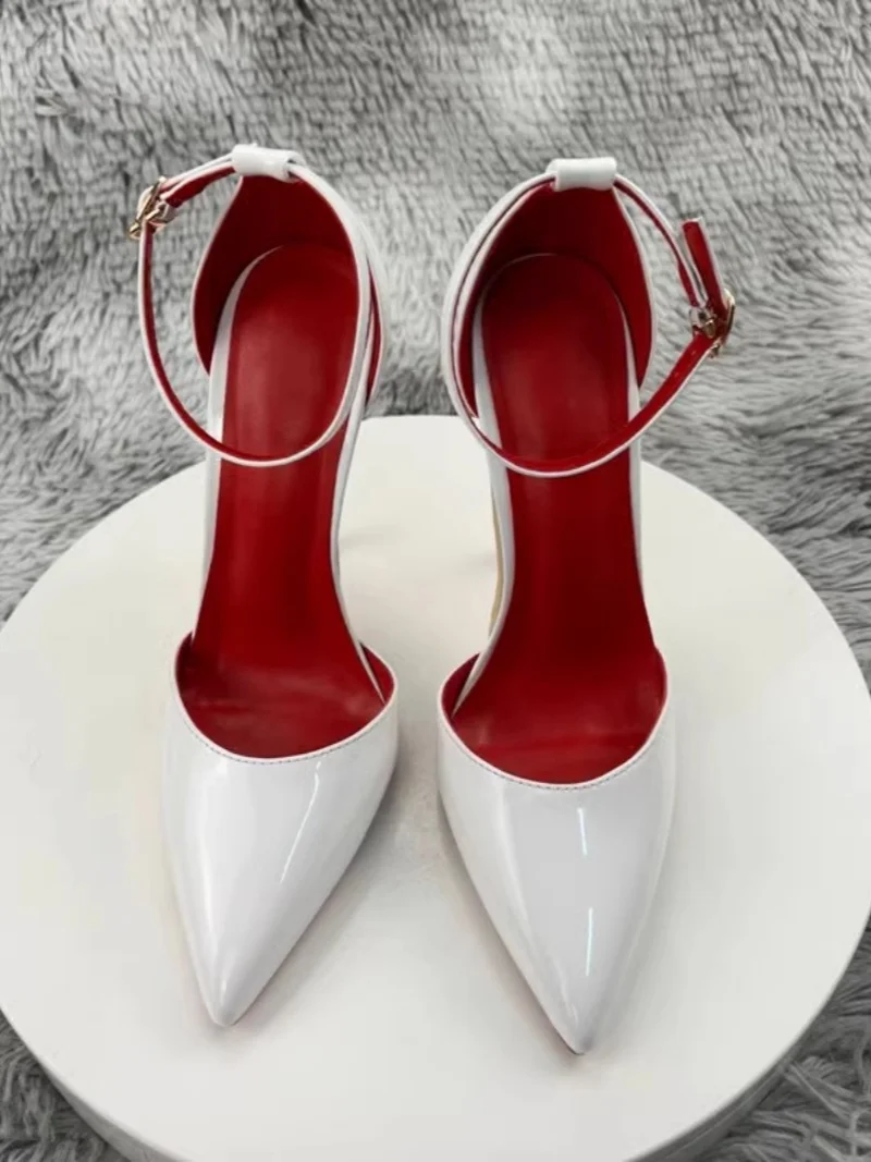 

2025 Spring New White Wrap Toe Sandals Pointed Toe Stiletto Ankle Strap Elegant Banquet Dress Women's Large Size Single Shoes