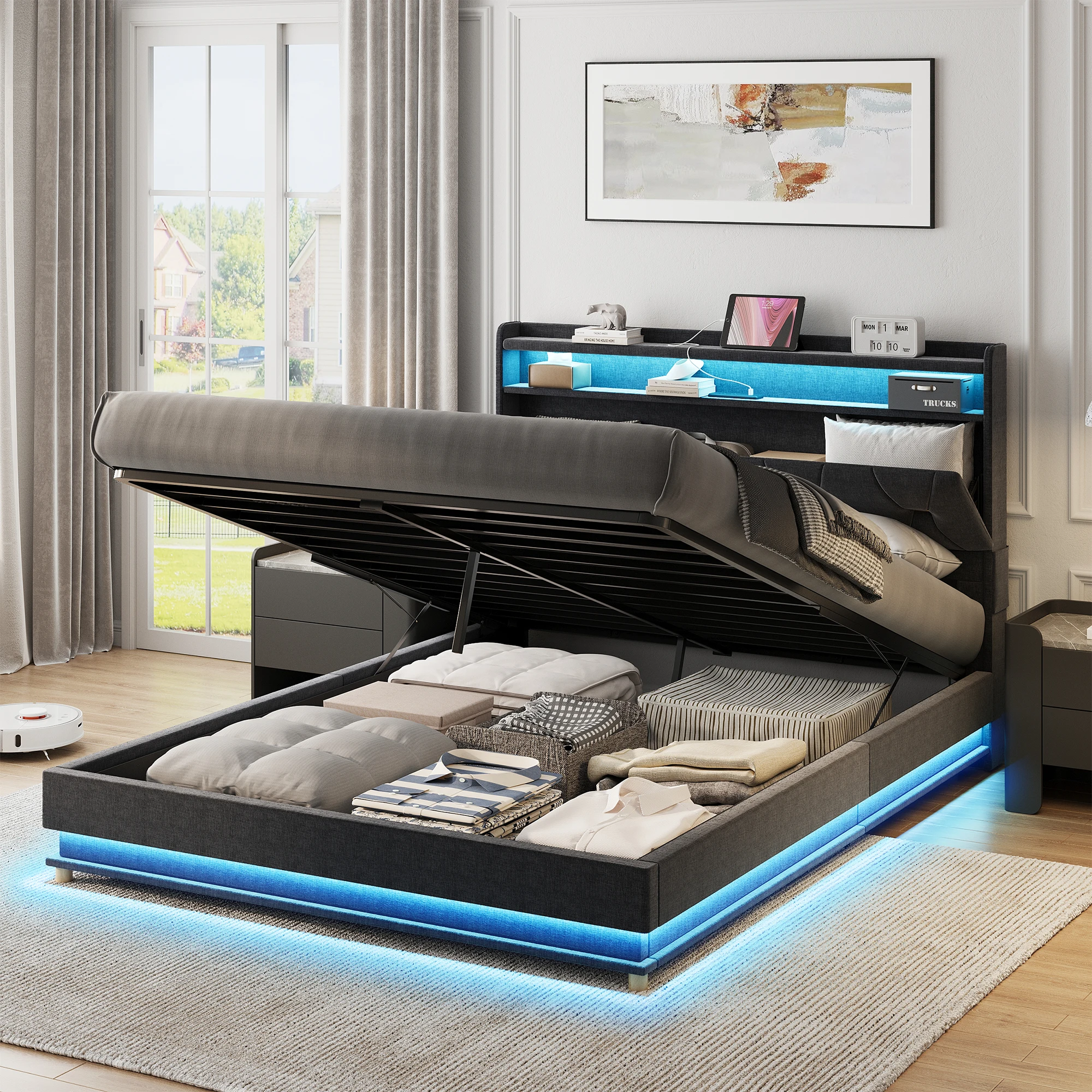 Vabches Lift Up Bed Frame with Storage Headboard&Power Outlet, LED Lights Upholstered Platform Bed Frame for Bedroom Noise-Free