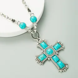 Western Jewelry Turquoise Cross Necklace For Women Men Blue Stone Corss Pendant Choker Necklaces Christianity Accessories Gifts
