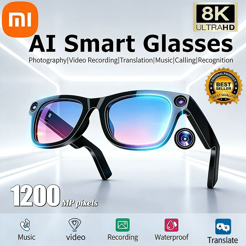 Lunettes intelligentes Xiaomi NEW 8K AI avec cam�ra 1200mp, ChatGpt, �cran tactile, Bluetooth, fonction appel, lecteur de musique, pour hommes et femmes, id�e cadeau.