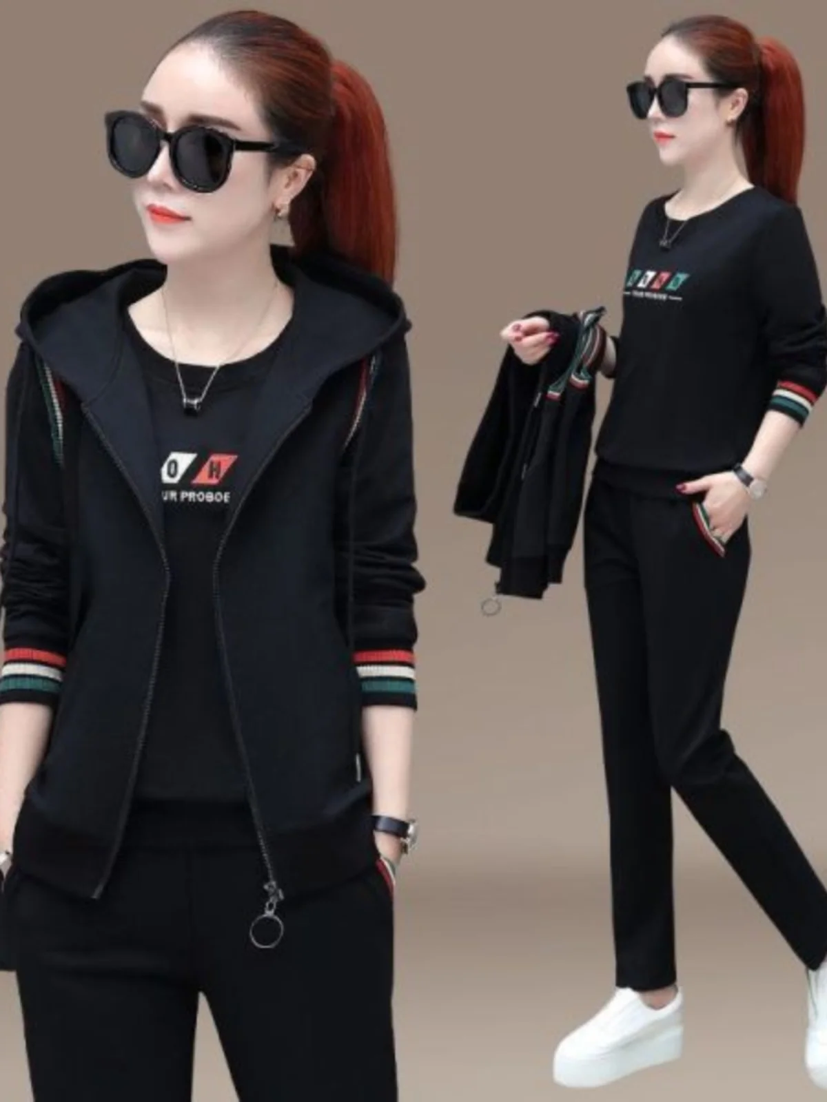 

Стильный спортивный костюм для женщин: повседневный комплект из футболки и джоггеров, свитшот с длинным рукавом, круглый вырез, полиэстер...