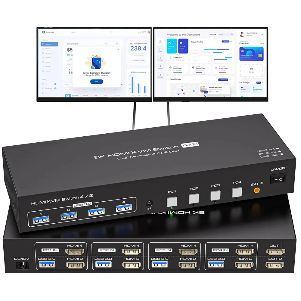 

8K HDMI KVM Switch 2 Monitors 4 Computers ,4K 144Hz Dual Display 4x2 USB 3.0 KVM Switch for 4 PC Share Keyboard Mouse