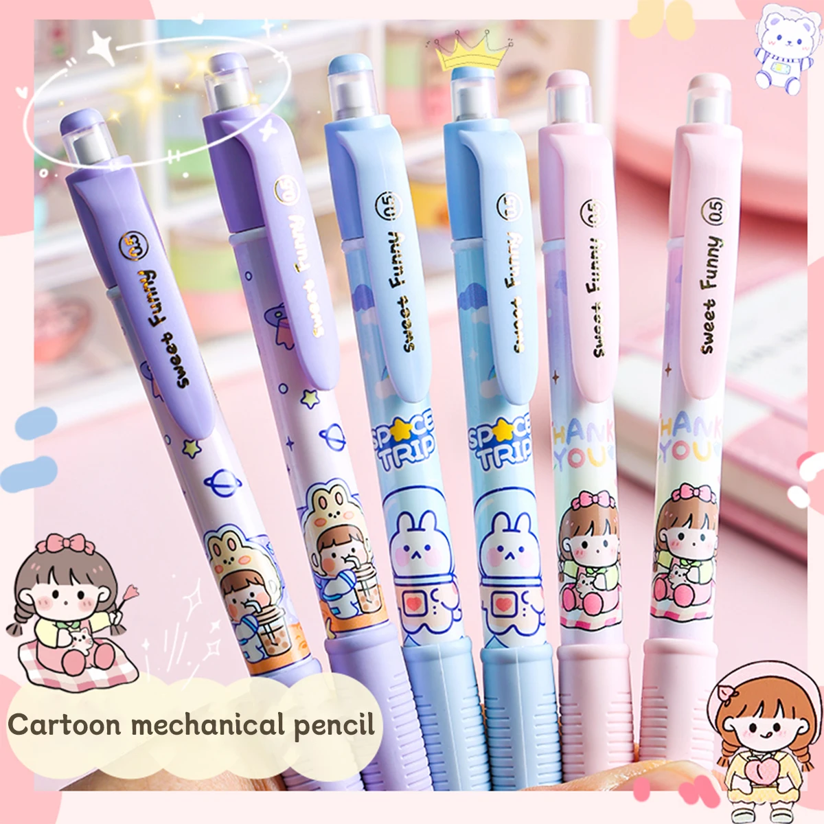 Cartoon Automatic Pencil Cuterocking Pen 0.5/0.7mm Anti-Breakage Exam Core Stationery Supplies for School Students