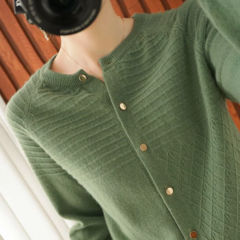 Spring New Symmetrical Strip Hole Round Neck Sweater Women Short Jacket Wool Knitted Long Sleeve Base Cardigan
