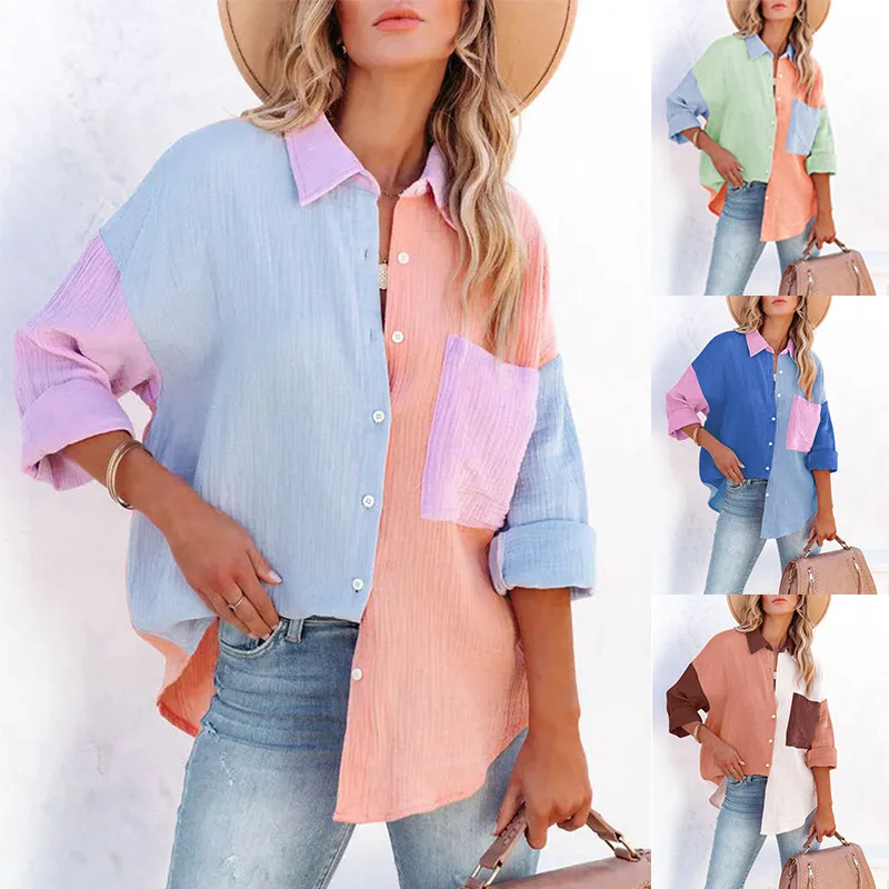 

Women 2023 Trend Spring Summer New Plaid Lapel Pocket Long Sleeved Shirt Female Beach Holiday Clothes