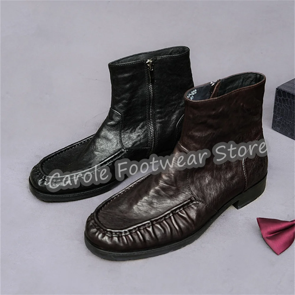 Vintage Pleated Design Genuine Leather Male Ankle Boots Handmade High Top Chunky Heel Side Zipper Business Casual Short Boots